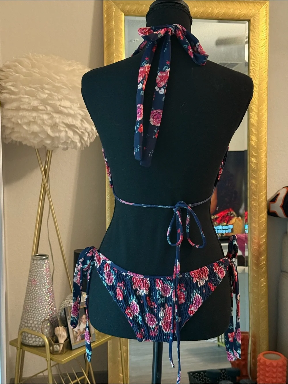 Tori Praver Floral Handmade Bikini Set in Navy & Pink Rose